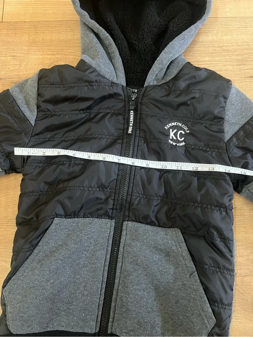 Kenneth Cole New York Kids Mixed Media Quilted Puffer Hoodie Jacket Black Grey S